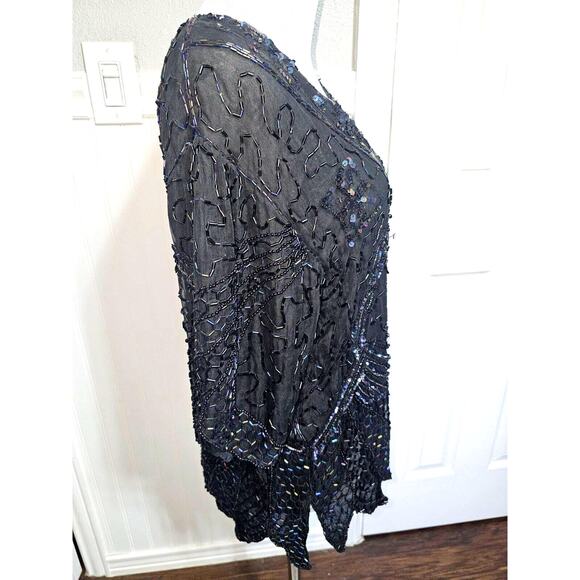 MARK & JOHN BY GOPAL Women Top Size Medium Black w/Beads & Sequins Silk 100% - Picture 4 of 8